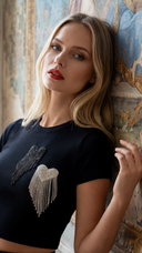 T-shirt donna con doppio cuore in strass e frange