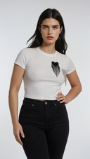 T-shirt donna con doppio cuore in strass e frange