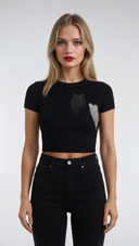 T-shirt donna con doppio cuore in strass e frange