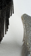 T-shirt donna con doppio cuore in strass e frange